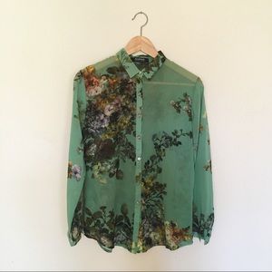 Floral mint button down flowy blouse